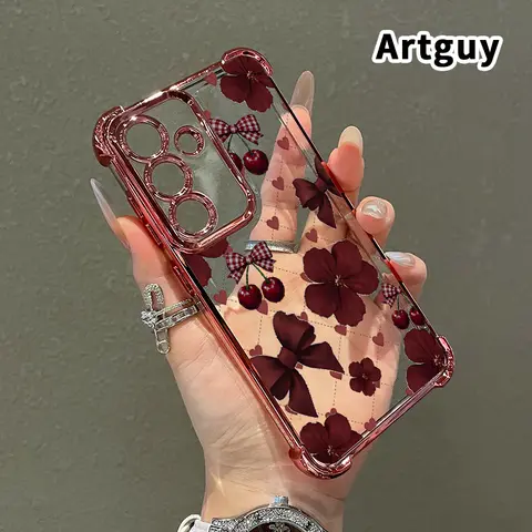 Transparent Electroplated Soft TPU Silicone Cellphone Case - Cherry Floral Whimsy Pattern, 4-Corner Shockproof Drop Protection, Protector Cover for Samsung Galaxy S22+ S23 S24 Plus S25 S26 Ultra FE Edge Handheld Phone Accessories