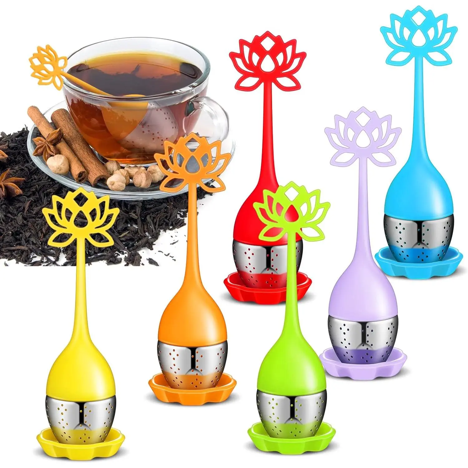 6-Piece Stainless Steel Lotus Tea Infuser Set - Modern Loose Leaf Steeper with Ball Handle, Mesh Spoon Strainer, Synthetic Scoop for Family & House Tea-Making