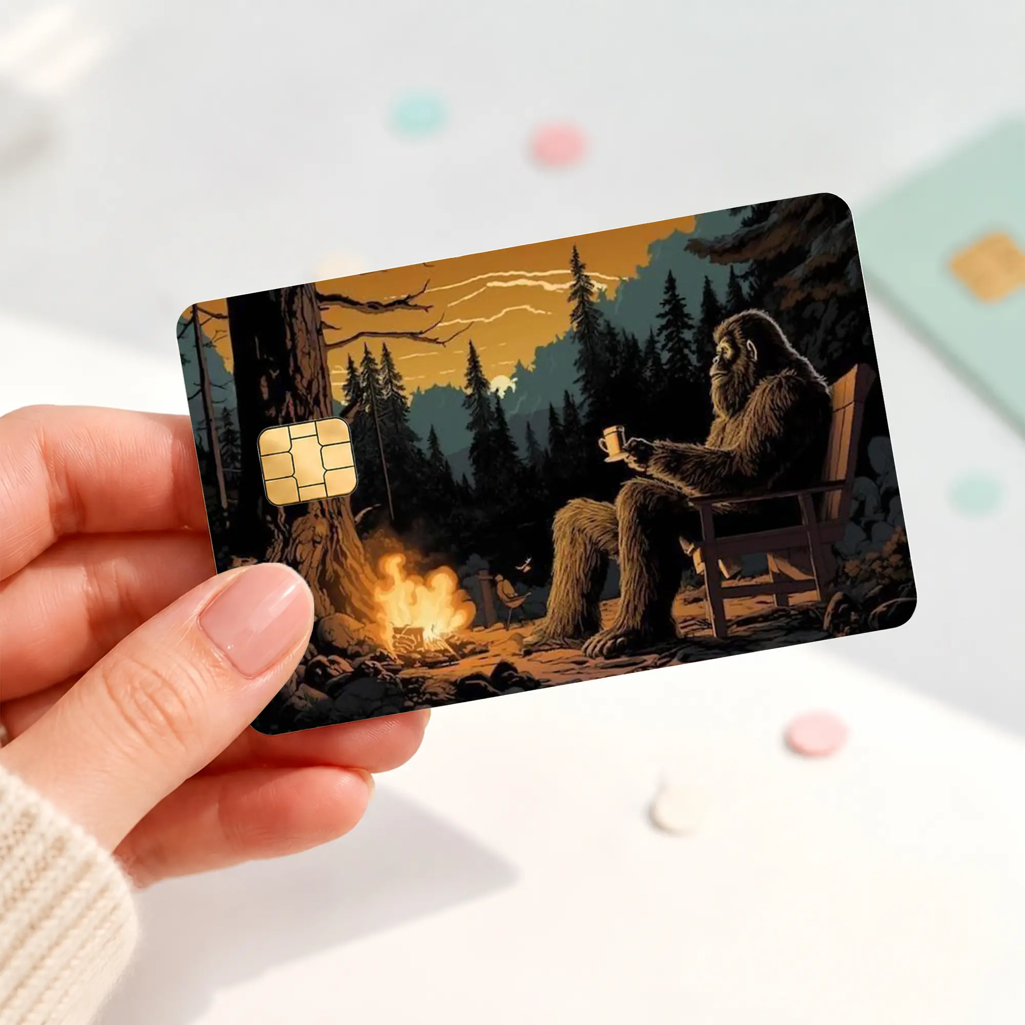 Bigfoot Campfire Credit Card Skin, Sasquatch Drinking Coffee Debit Card Sticker, Sunset Forest Camping Bank Card Cover, Cozy Wilderness Chip Card Decal, Cryptid Lover Gift