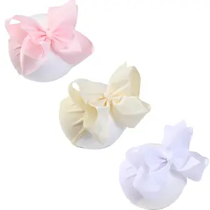 L-HDW140 6 Inch Baby Girls Headband Bows, Soft Nylon Hairbands Cute Big Bow Super Elastic Headband for Baby Girls Newborn Infant Toddlers (Beige Pink White, Large)