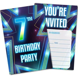 Neon 7th Birthday Party Invitations, Blue Invitation Cards with Envelopes (30PACK), Seventh Birthday Supplies Fill-in Invites for Boys, Girls, Kids