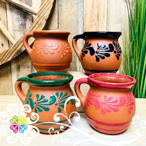 Set of 4 Plumeado Mexican Clay Mugs - Set Taza Barro