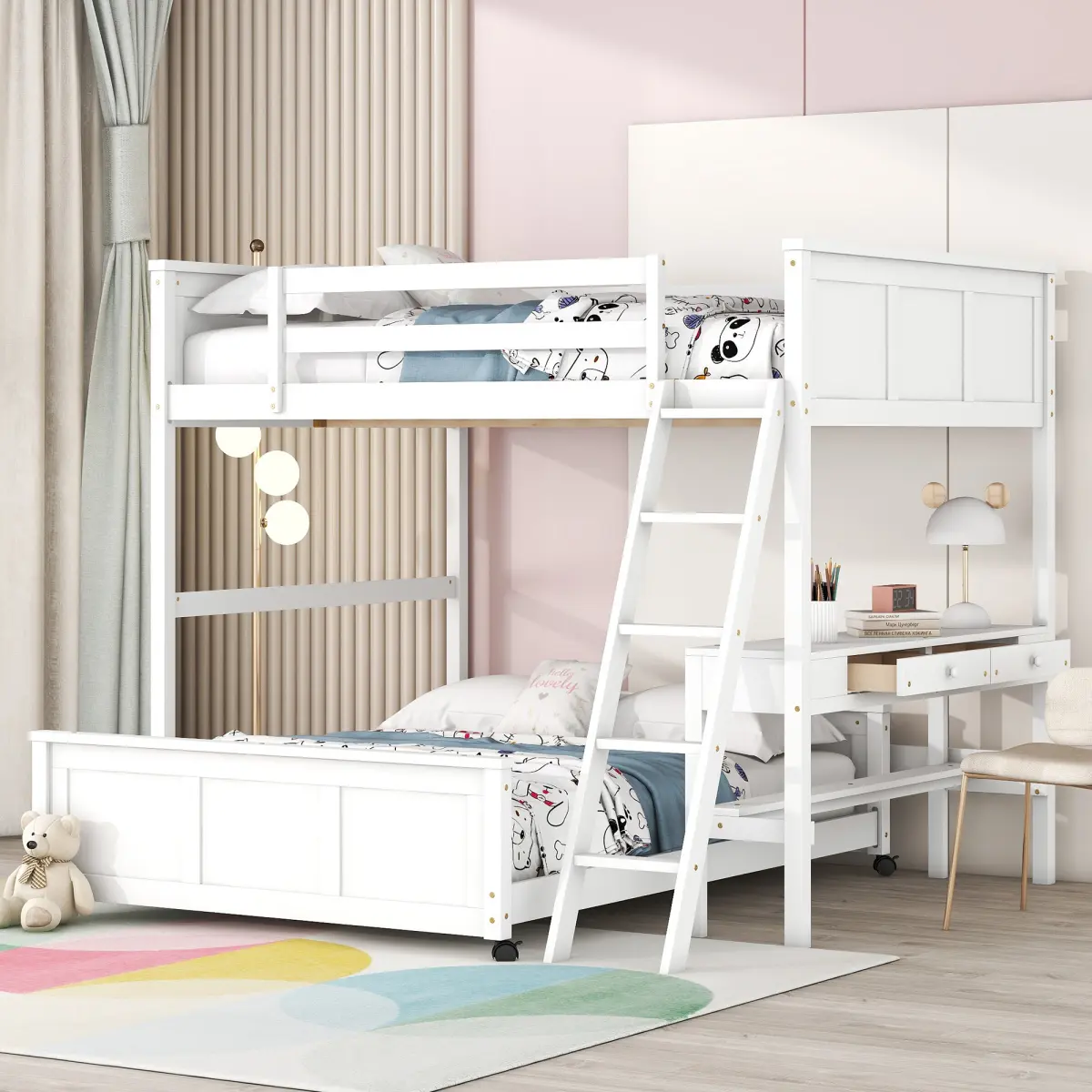[Bellemave] Bunk Bed with Desk| Built-in Drawers| Safety Guardrails| Sturdy Wood Frame| No Box Spring Needed
