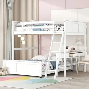[Bellemave] Bunk Bed with Desk| Built-in Drawers| Safety Guardrails| Sturdy Wood Frame| No Box Spring Needed