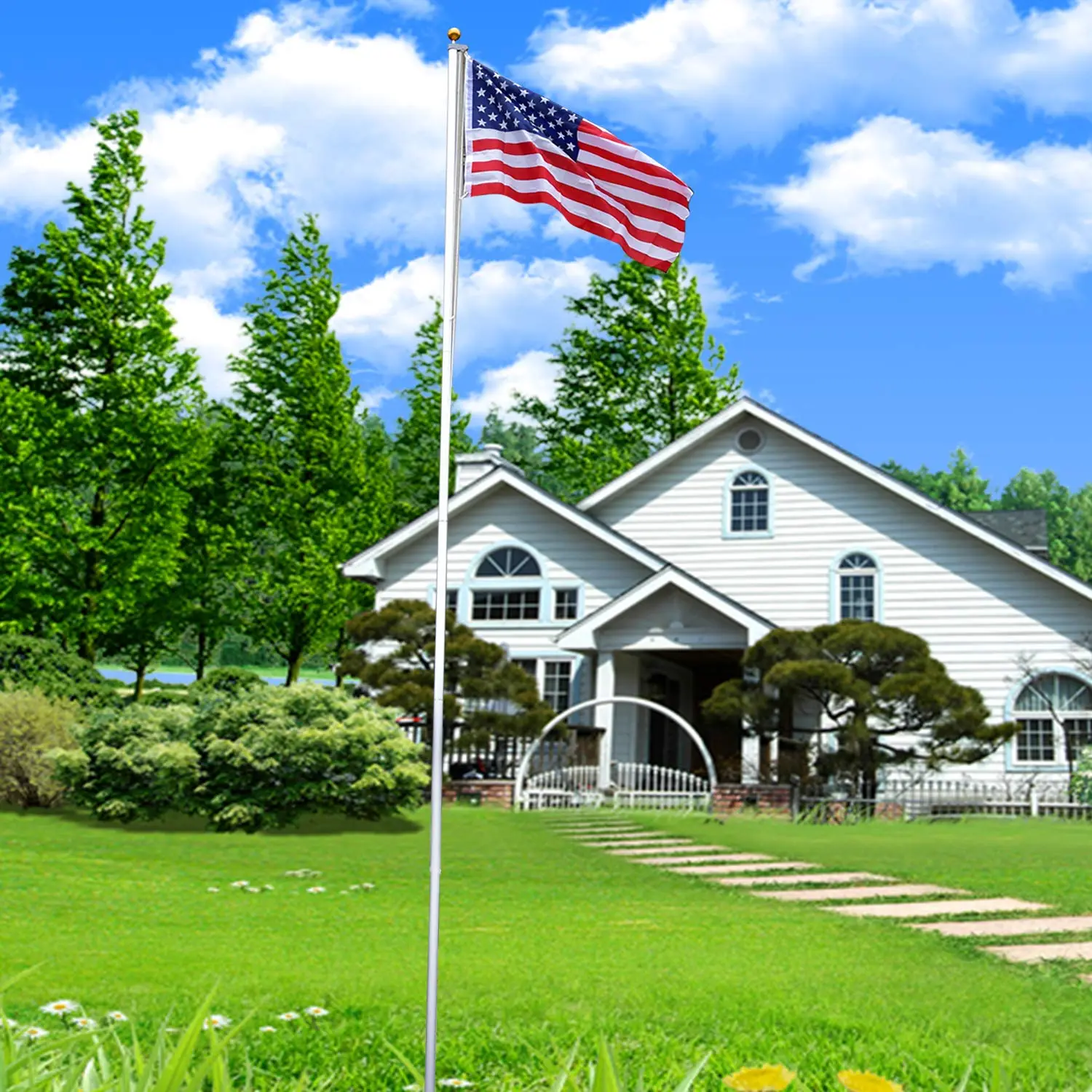 25 ft / 7.5m Durable Rustproof Aluminum Sectional Flagpole Kit with Halyard, Ground Mount PVC Sleeve, Hardware, Free 3 x 5' American National Flag & Golden Ball Top, 6.6Lbs / 3Kg for Commercial, Residential Outdoor Use