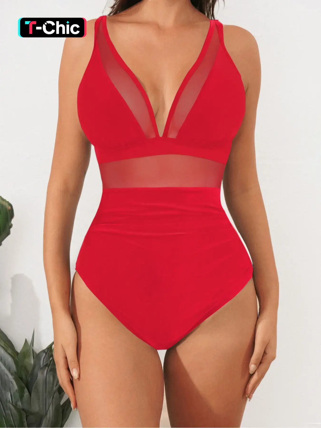 Women's Plain Contrast Mesh V Neck One-piece Swimsuit, Casual Sleeveless Swimwear for Summer, Solid Ruched Swimsuit, Mesh Swimsuit, Beach Fashion Swimsuit