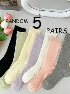 Random 5 Pairs Macaron Color Ribbed Mid-Calf Crew Socks, Comfortable and Stylish Footwear, Perfect for Daily Wear