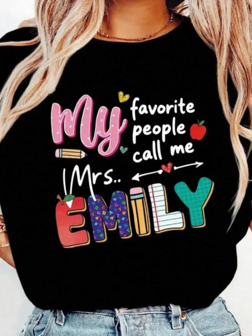 Women's Personalized Teacher Short-Sleeve T-Shirt - Custom Mrs [Name] Print, 200GSM Soft Cotton Spandex Fabric, Breathable Comfortable Casual Crew Neck Top, Everyday Wear (Black, White), Shortsleeve, Tshirt, Printed