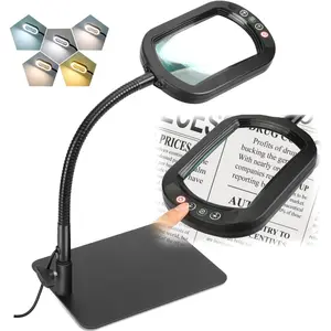 12X Rectangle Magnifying Glass with Light and Stand, Flexible Gooseneck LED Lighted Desk Lamp, 5 Color Modes Stepless Dimmable, Hands Free Magnifier for Reading Crafts Painting Close Work