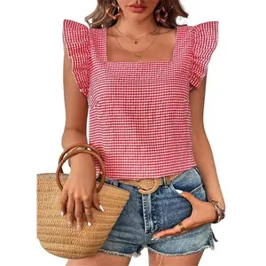 Women's Gingham Print Blouse Top Square Neck Ruffle Short Sleeve Boho Casual Shirts,red,Medium