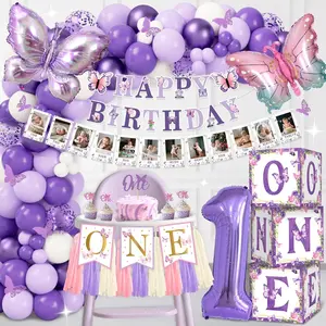 Butterfly First Birthday Decorations for Girl, 1st Birthday Decorations Girl Include Balloon Arch, Balloon Boxes, Highchair Banner, Photo Banner, Butterfly Banner, Cake Topper, Butterfly Stickers