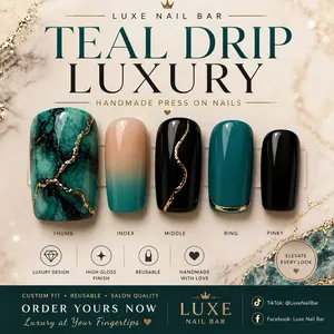 Luxe Nail Bar Teal Drip Luxury Handmade Press On Nails Custom Fit Reusable High Gloss Finish Salon Quality