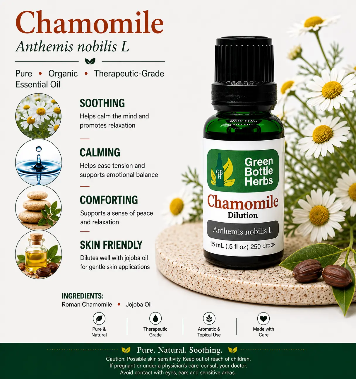 Organic Chamomile Essential Oil - Jojoba Base Diluted Oil, Non-Toxic Plant-Derived, Sensitive Skin-Safe, Stress Relief for Aromatherapy Health & Wellness