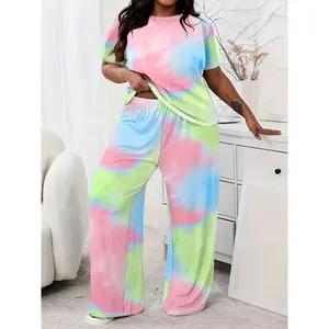 Women's Plus Casual Lounge Set, Plus Size Tie Dye Short Sleeve Top & Pants Lounge 2 Piece Set