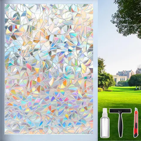 Rainbow Window Privacy Film with Cutting Reference Line, 3D Decals Stained Glass Clings, Static Cling Sticker, Suncatcher Windows Cover Tint for Home, 17.5 Inch x 78.74 Inch