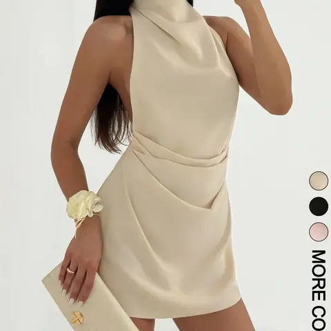 Women's Halter Neck Sleeveless Backless Dress, Fitted Waist Slimming Bodycon Short Dress, Party Cocktail Dress Solid Color Clothing for Special Occasions