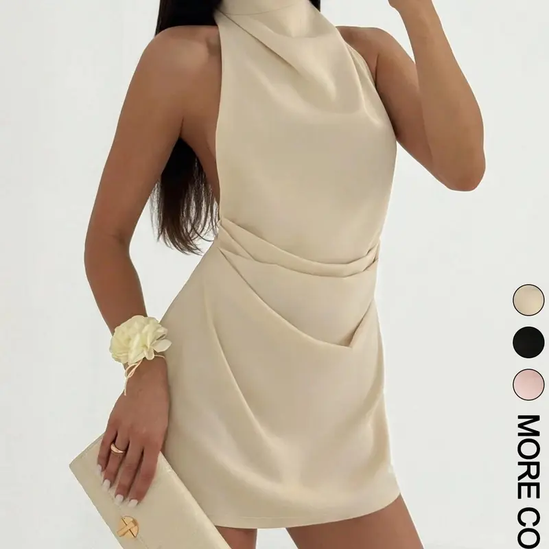 Women's Halter Neck Sleeveless Backless Dress, Fitted Waist Slimming Bodycon Short Dress, Party Cocktail Dress Solid Color Clothing for Special Occasions