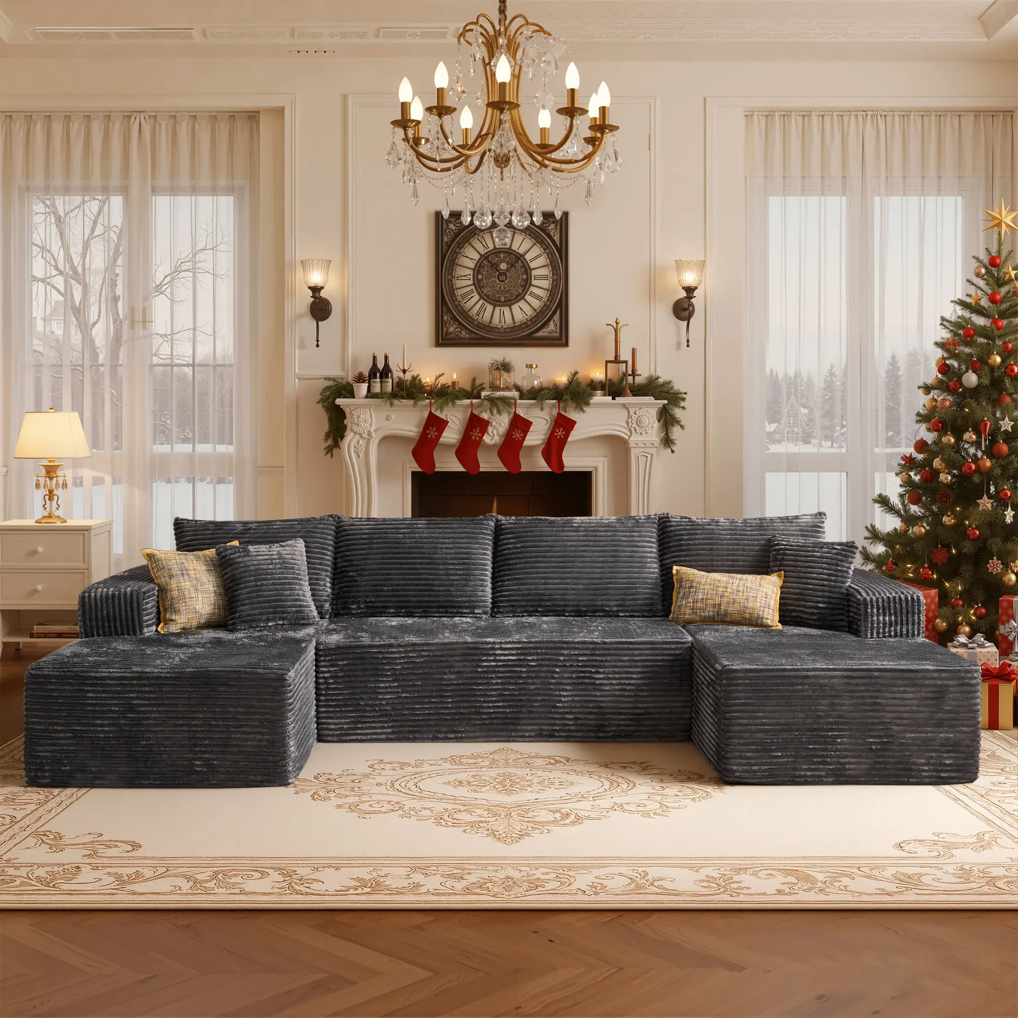 U Shaped with 2 Chaise | Grey Plush