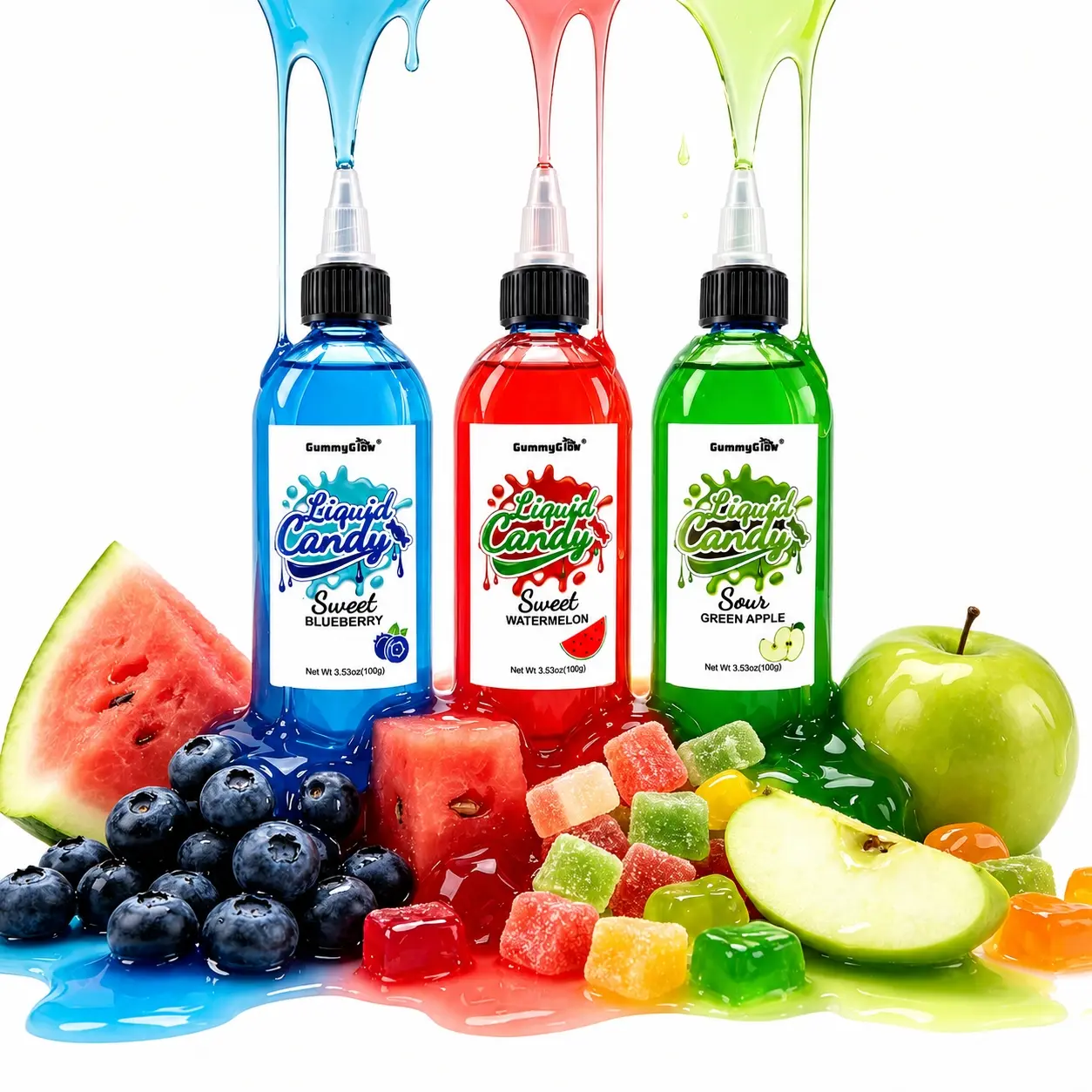 Brand New!! GummyGlow Twist & Squeeze Sour Liquid Candy 3-Pack, 3.53oz Each – Green Apple, Watermelon & Blueberry, Stretchy Gel Topping for Ice Cream, Pancakes & Beyond, Viral Snack for Playful Texture