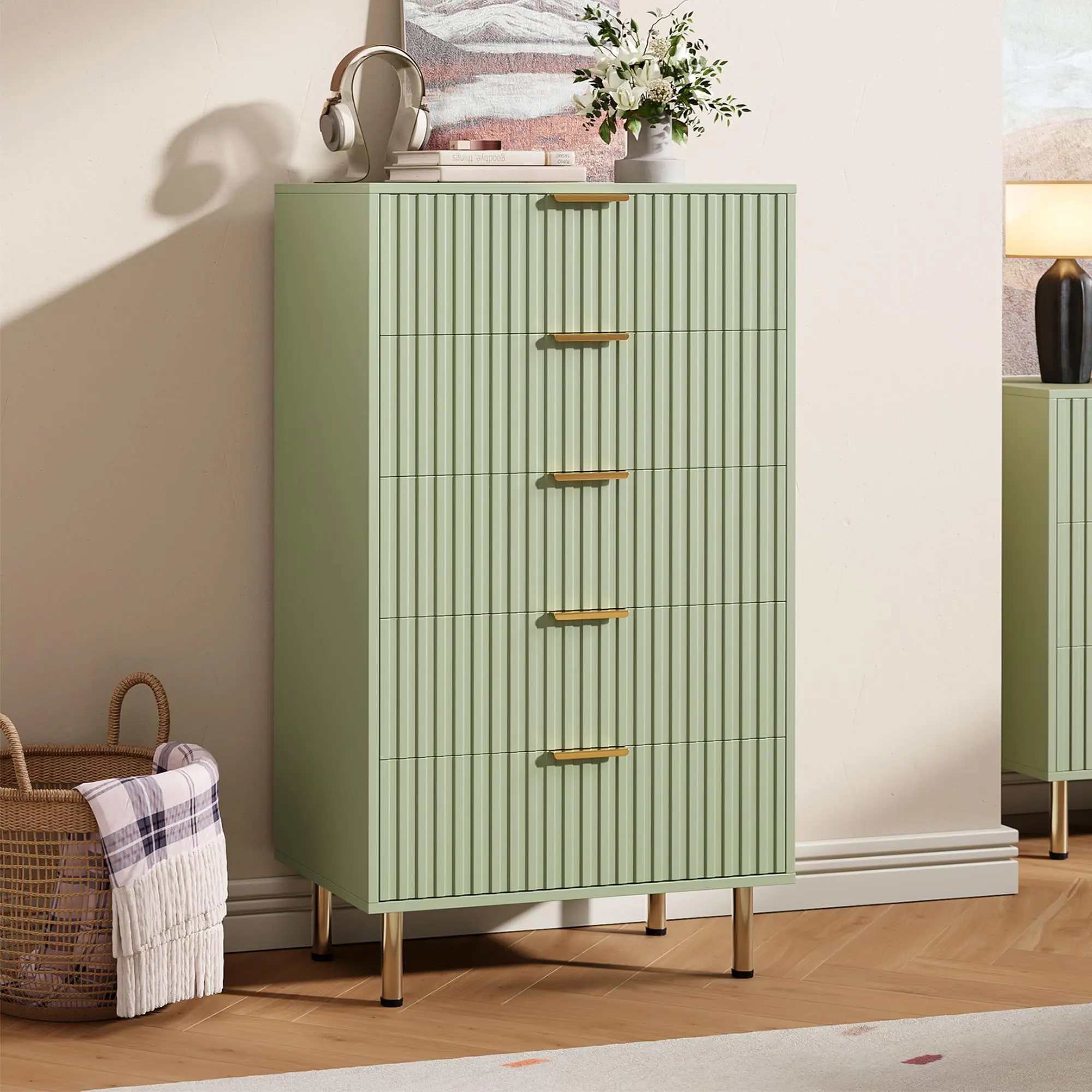 Modern Storage Cabinet 5-Drawer Dresser - 48 in Tall Durable Floor Standing Indoor Furniture, Fluted Design Panels, Deep Drawers, Wide Top, Metal Legs, Assembly Required, for Bedroom, Living Room, Green
