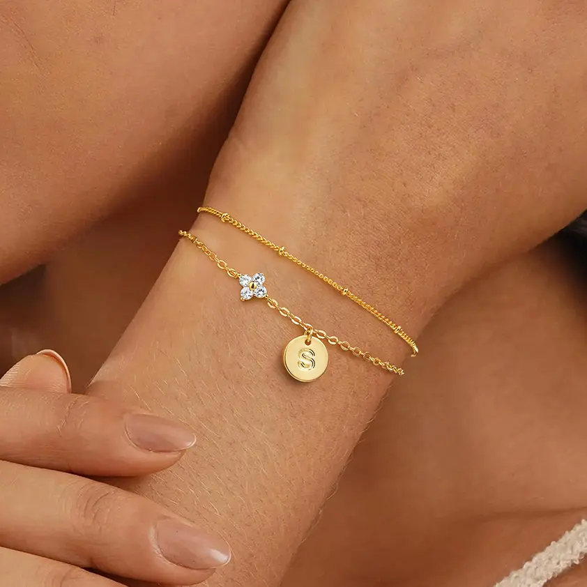 Gold-Plated Double-Layer Zirconia Letter Bracelet (Two-Piece Set for Layered Wear) 18K Gold-Plated Material, Stylish and Exquisite Gift Jewelry Adjustable Bracelet, Perfect for Family, Friends, Loved Ones, or Children  tennis  necklace best  friend  gift