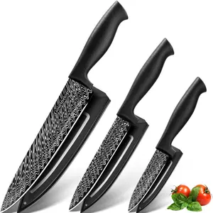 Chef Knife Set with Cover 3 Pcs, Black Kitchen Knife Set for Cooking, Sharp Small Kitchen Knives with Sheath, 8'' Chef Knife, 5'' Utility, 3.5'' Paring, Stainless Steel Chef Cutting Knives