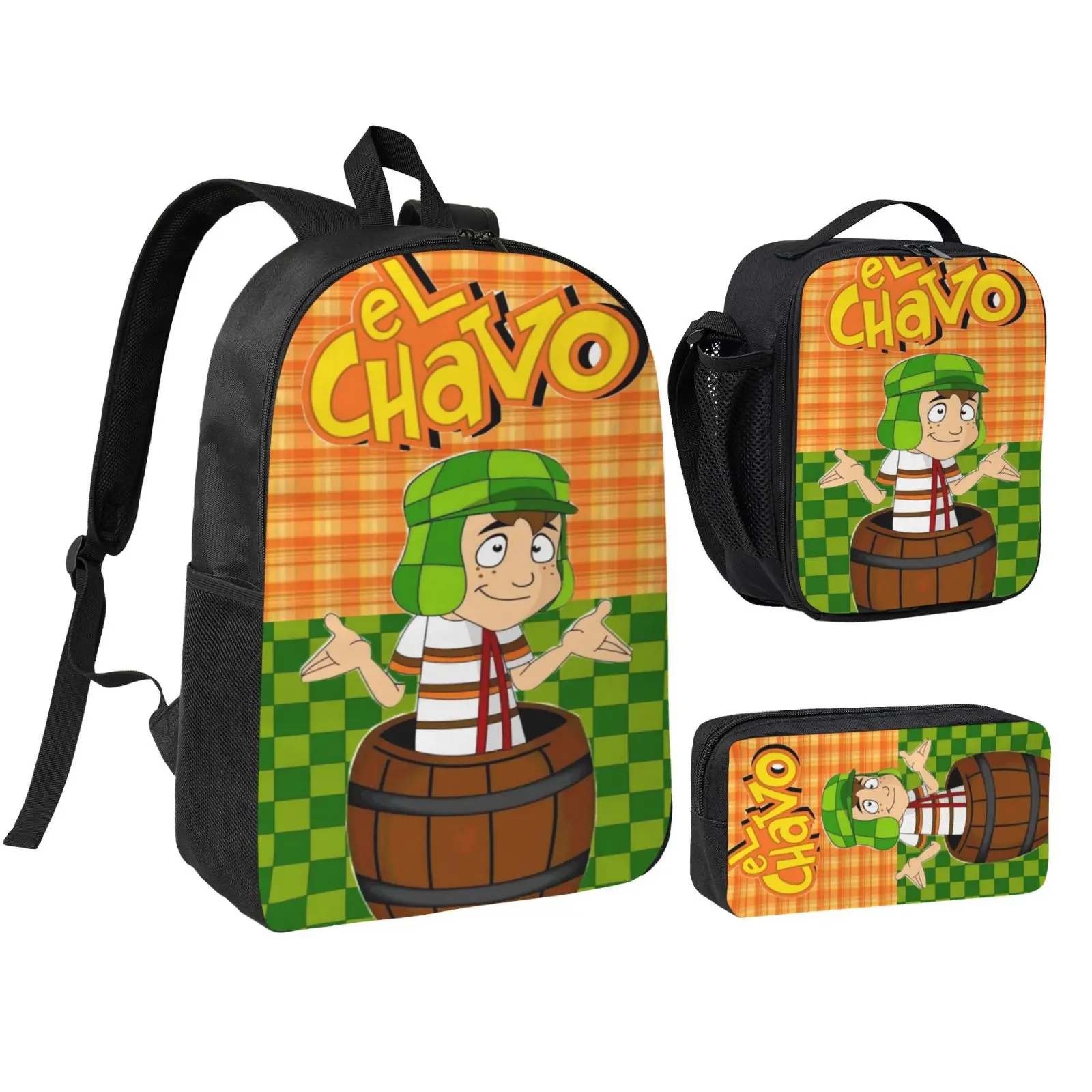 El Chavo 3-in-1 Waterproof Cartoon Print Matching Backpack Set for Boys, Girls - Sturdy School Daypack with Lunch Tote, Pencil Pouch, Ideal for Hiking, Outdoor Commute, Casual, Matching Set, Teens, Durable Water-Resistant Fabric, Daily Commute