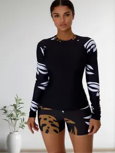 Women's 2-Piece Tankini Swimsuits Set - Black Long-Sleeve Rash Guard, Tropical Print Shorts for Female Water Activities (Sports & Outdoor Surfwear)