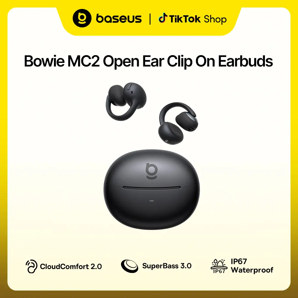 Baseus Bowie MC2 Titanium Silicone Open-Ear Clip-On Headphones, Wrap-Around Cloud Comfort, LDAC Hi-Res Audio, 11mm Driver SuperBass 3.0, 55H Playtime, 4-Mic AI Call Clarity, IP67 Waterproof, Fast Charging, Black for Gym Workout