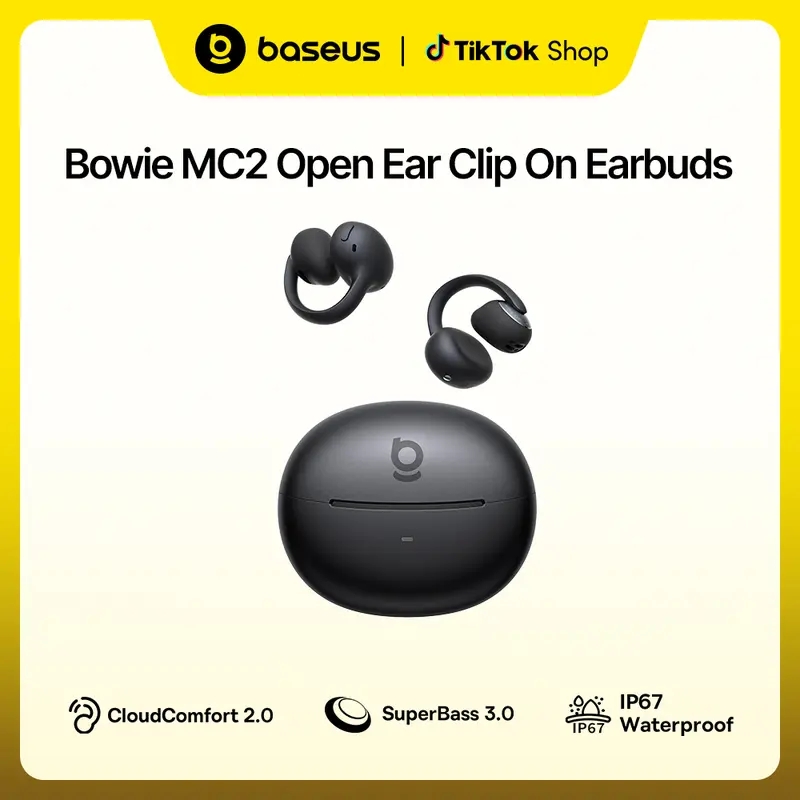 Baseus Bowie MC2 Titanium Silicone Open-Ear Clip-On Headphones, Wrap-Around Cloud Comfort, LDAC Hi-Res Audio, 11mm Driver SuperBass 3.0, 55H Playtime, 4-Mic AI Call Clarity, IP67 Waterproof, Fast Charging, Black for Gym Workout