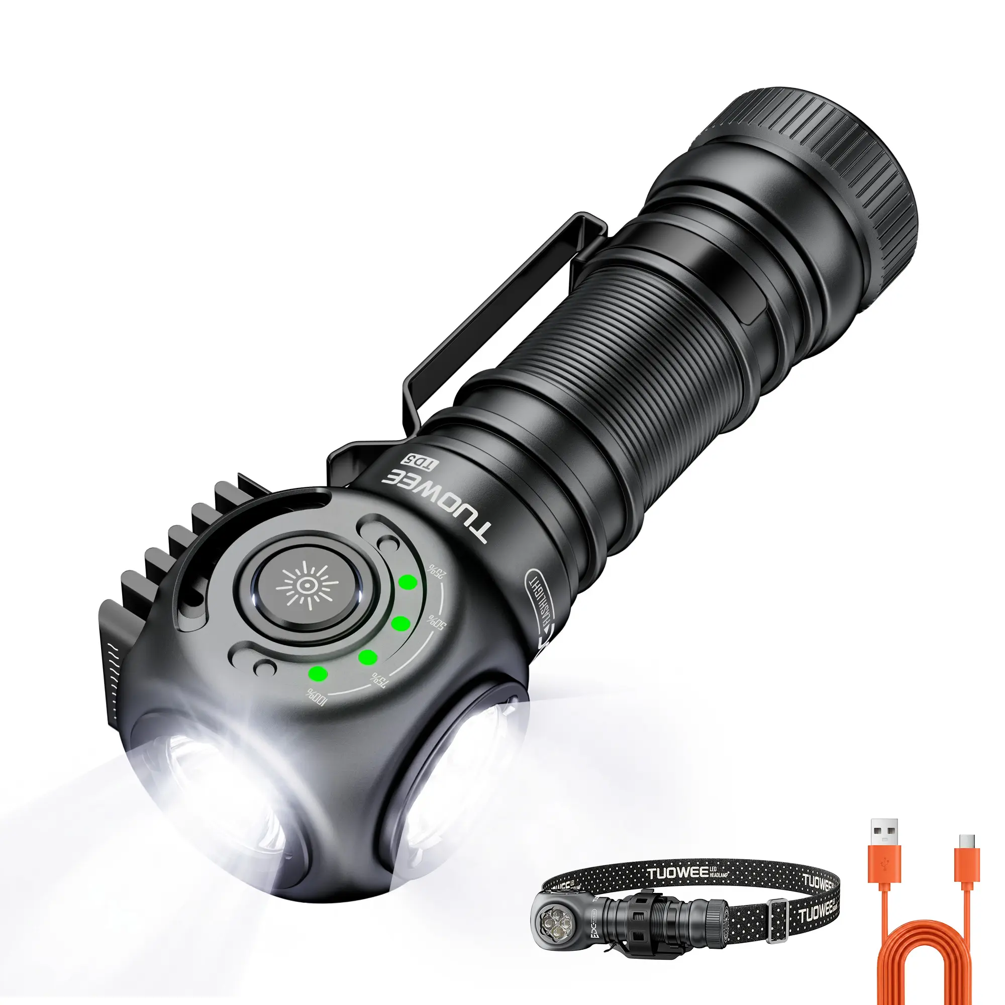 TUOWEE TD5 2400 Lumen Rechargeable Flashlights with Clip, Bright EDC LED | 11 Light Modes Flash Light, USB-C, Spotlight & Floodlights Flashlight with Magnetic, Headband for Home, Camping, Hiking, Work