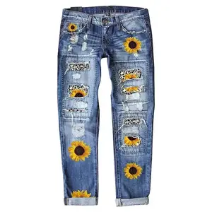 Women's Straight Leg Jeans Sunflower Printed Denim Pants Mid Waist Jeans Patch Ripped Trousers Destroyed Pants Stretch Jeans for Female, Us 8-10(M)