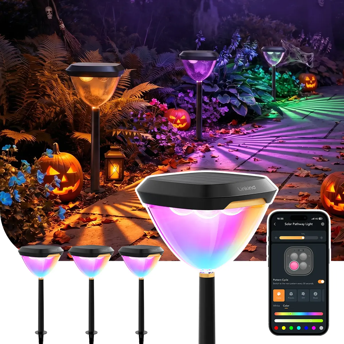 Linkind Smart Solar Pathway Lights, Color Changing Landscape Lights with App Control, Outdoor Garden Lights for Yard, Walkway, Patio & Holiday Decor, Waterproof