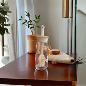 Oil Dispenser with Brush - Glass Olive Oil Dispenser for Kitchen, Soft Silicone Basting Brush for Cooking, BBQ Grill, Frying Utensils, Sunflower Oil, Food-Grade Materials, Wide Mouth, Easy to Use & Clean