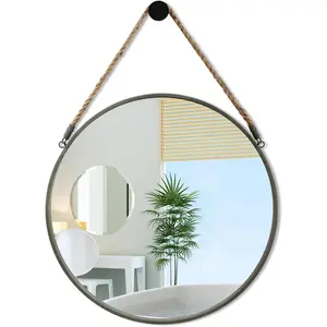 Round Mirror, Rope Hanging Mirror, 15 Inch Farmhouse Circle Wall Mirror for Bathroom Bedroom Living Room Entryway Home Decor, Grey