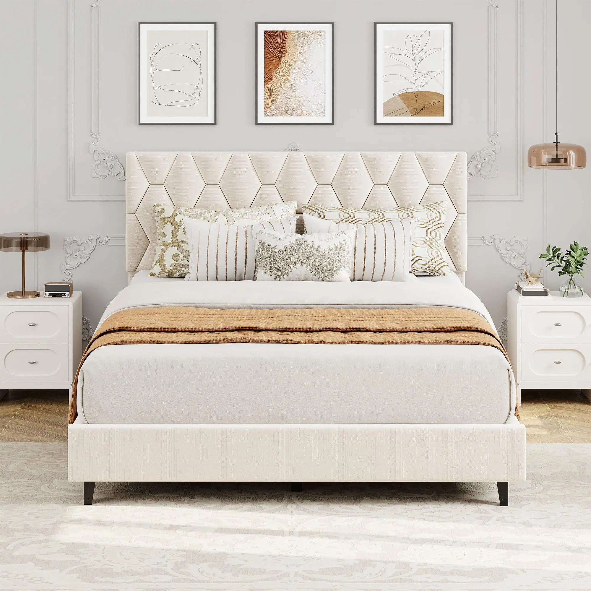 Gaomon Queen Bed Frame - Upholstered Headboard, Wooden Slat Base Support, No Box Spring Needed Mattress Foundation, Easy Assembly, Beige, Upholstered Bed Frames, Metal Bed Frames