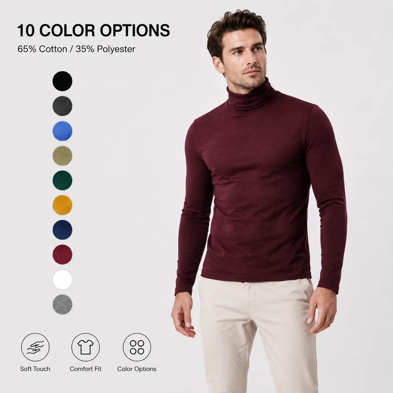 Men’s Premium Cotton Blend Turtleneck Long Sleeve Shirt, Slim Fit Soft Stretch Base Layer Top, Breathable Casual Pullover for Fall Winter Business, Daily Wear & Streetwear