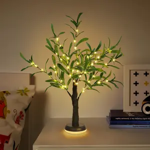 New 1pc Rustic LED Lighted Tabletop Olive Tree With Glowing Base, C-Powered Tree Lamp, Artificial Indoor Olive Tree For Wedding, Holiday, Home Christmas Decor, Plastic Material, Warm White Lights (23.6 Inches/60cm