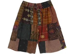 Warrior Unisex Cotton Bermuda Shorts with Drawstring Mixed Patchwork Cargo Shorts in Brown