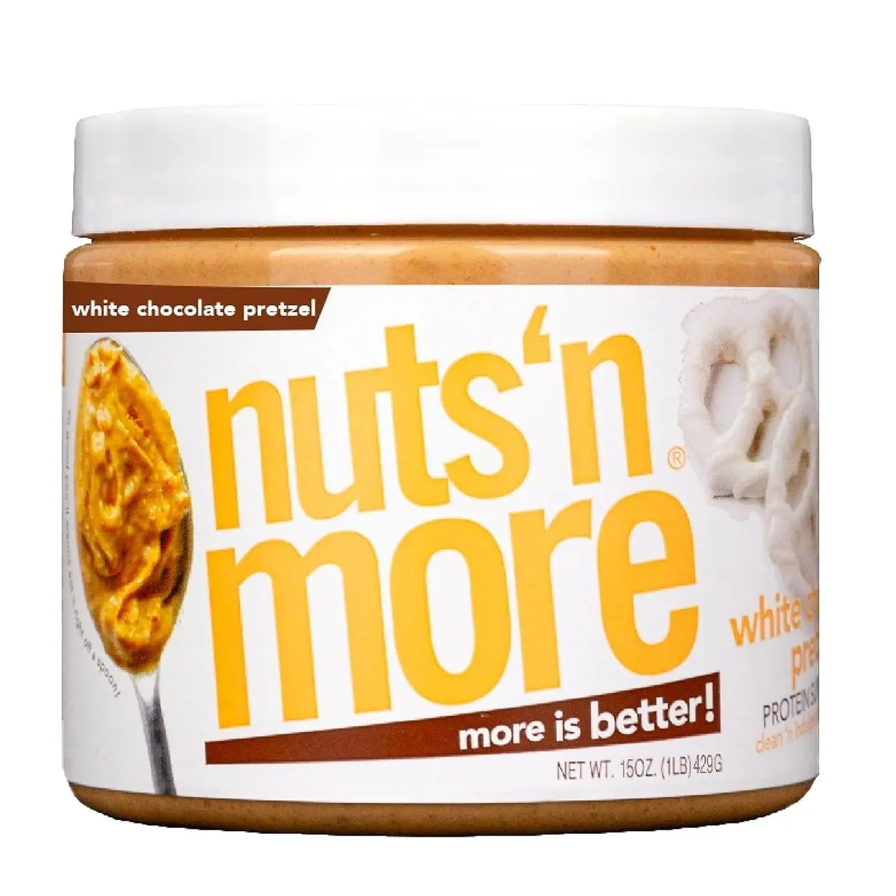 Nuts ‘N More White Chocolate Pretzel Peanut Butter Spread - High Protein, Low Carb, Low Sugar, Gluten Free, Non-GMO, All-Natural Nut Butter Snack (15oz Jar)
