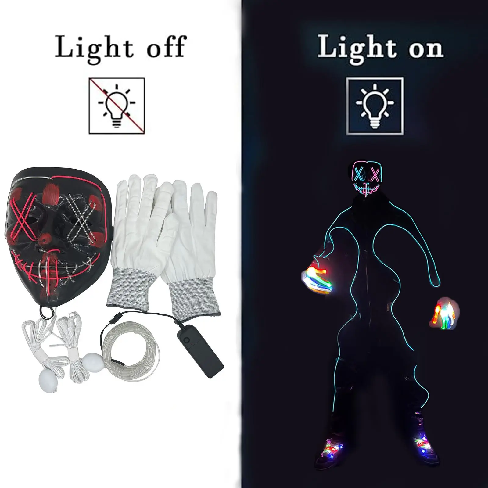 Halloween LED Mask Set - LED Gloves, Neon Glow Shoelaces, PVC-EL Fluorescent Accessories for Dance Performance, Matchstick Man Costume Supplies
