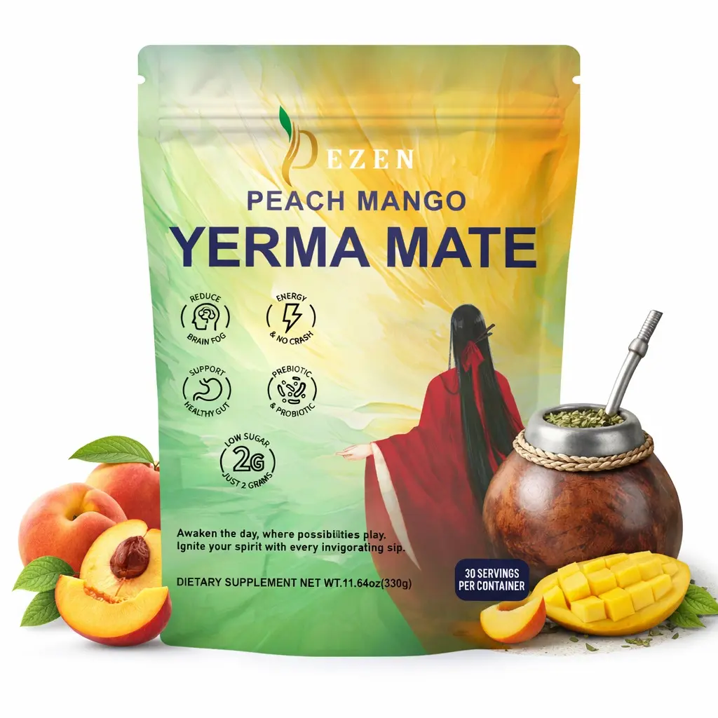 DEZEN Peach Mango Yerba Mate Tea Powder with Lion’s Mane, L-Theanine & Prebiotic Fiber, Natural Caffeine, 30 Servings