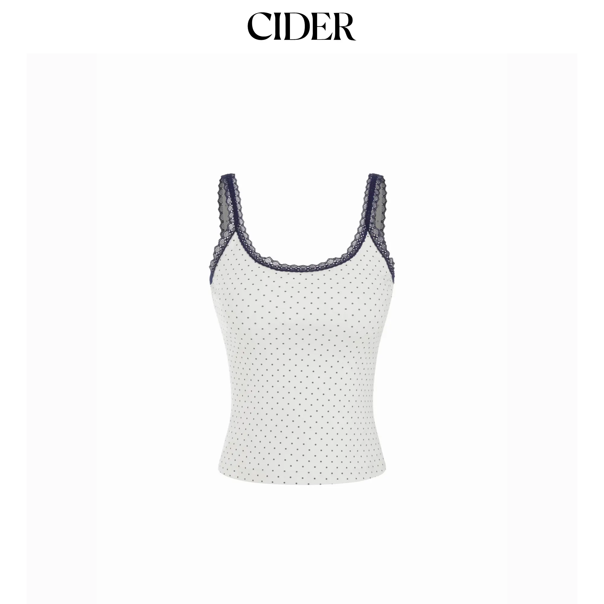 Cider Women's Casual Polka Dot Sleeveless Cami Top in Cotton-blend with Lace Trim and Scoop Neckline, Casual Basic, Tank Top, U Neck, Knit, Pull On, Sheer Polka Dot Women's Tanks & Camis