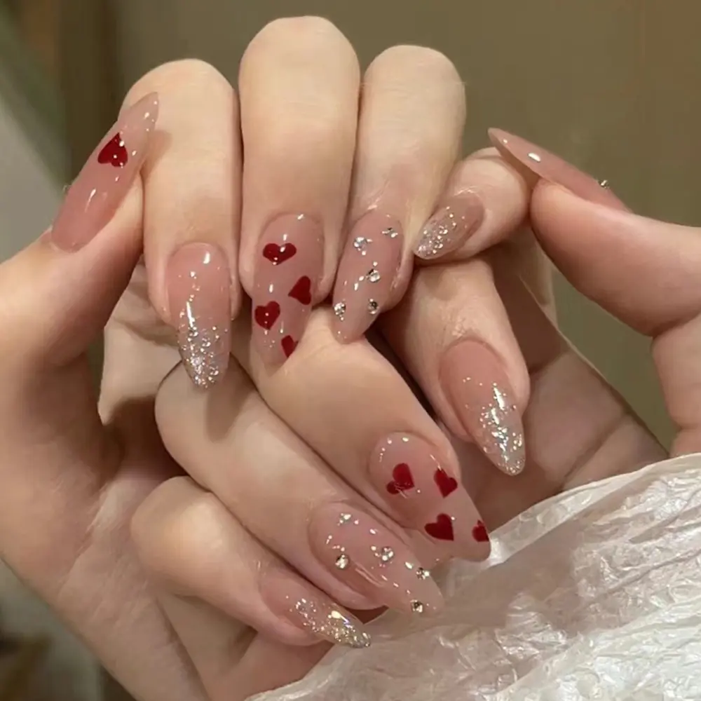 24pcs Medium Almond French Tip Nail Set, Nude Press-On Nails with Heart Design, Rhinestones, Glitter Decorative Nails, Glossy Fake Nails, Glittering Fake Nails, Valentine's Day Gift for Women