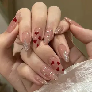 24pcs Medium Almond French Tip Nail Set, Nude Press-On Nails with Heart Design, Rhinestones, Glitter Decorative Nails, Valentine's Day Gift for Women