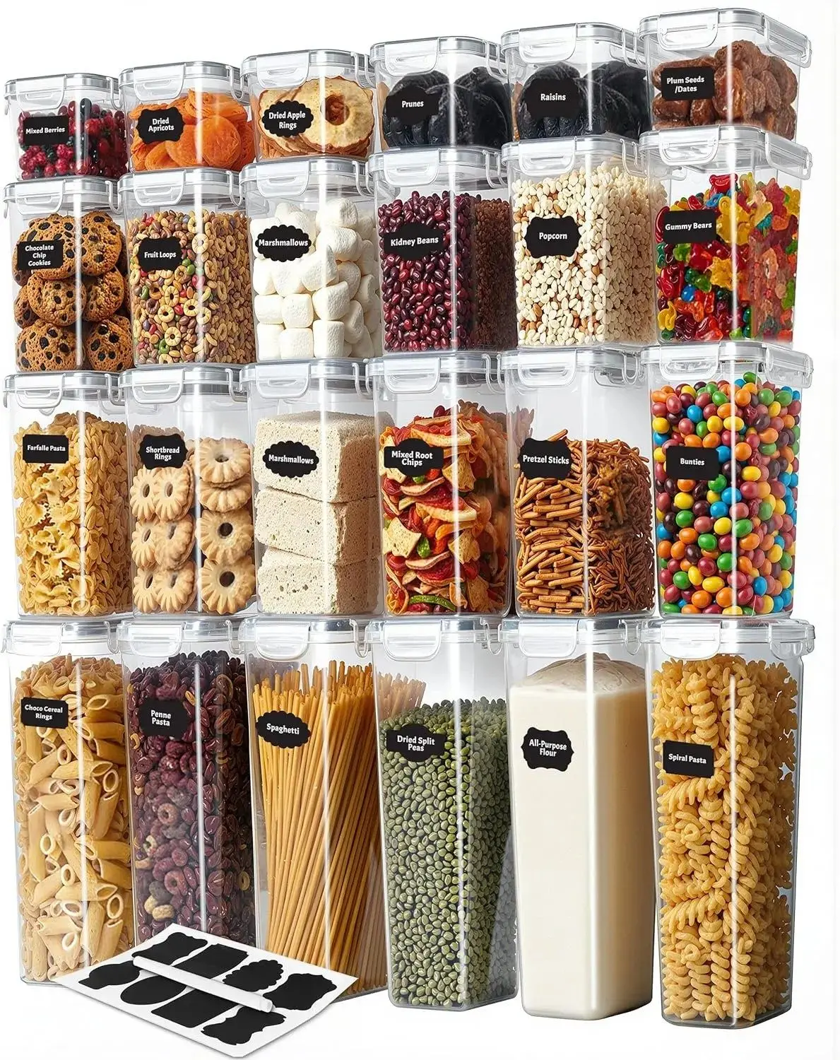 24 Pack Airtight Food Storage Containers Set, BPA-Free Clear Plastic Pantry Organization Canisters with Labels & Marker, Kitchen Cereal Flour Sugar Dry Food Storage Jars for Pantry Cabinet Organizer