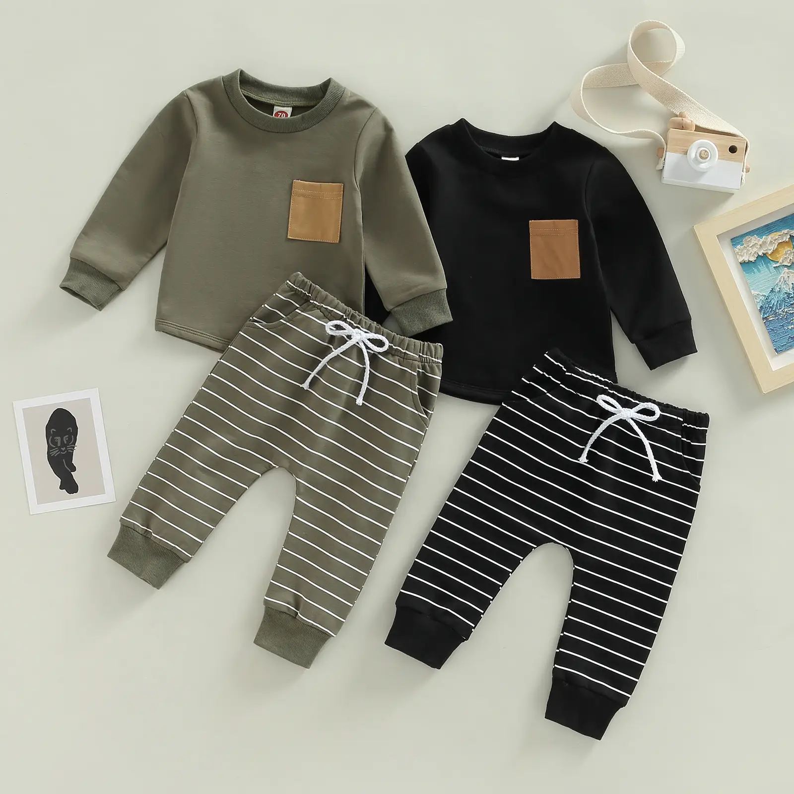 Toddler Baby Boy Fall Winter Outfit Contrast Color Long Sleeve Sweatshirts Stretch Jogger Pants Newborn Clothes Set