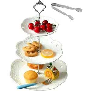Cupcake Stand-  3-Tier White Porcelain Cake Stand Dessert Stand-Cupcake Stand- Party Serving Platter, Comes in a  Box- Free Sugar Tong
