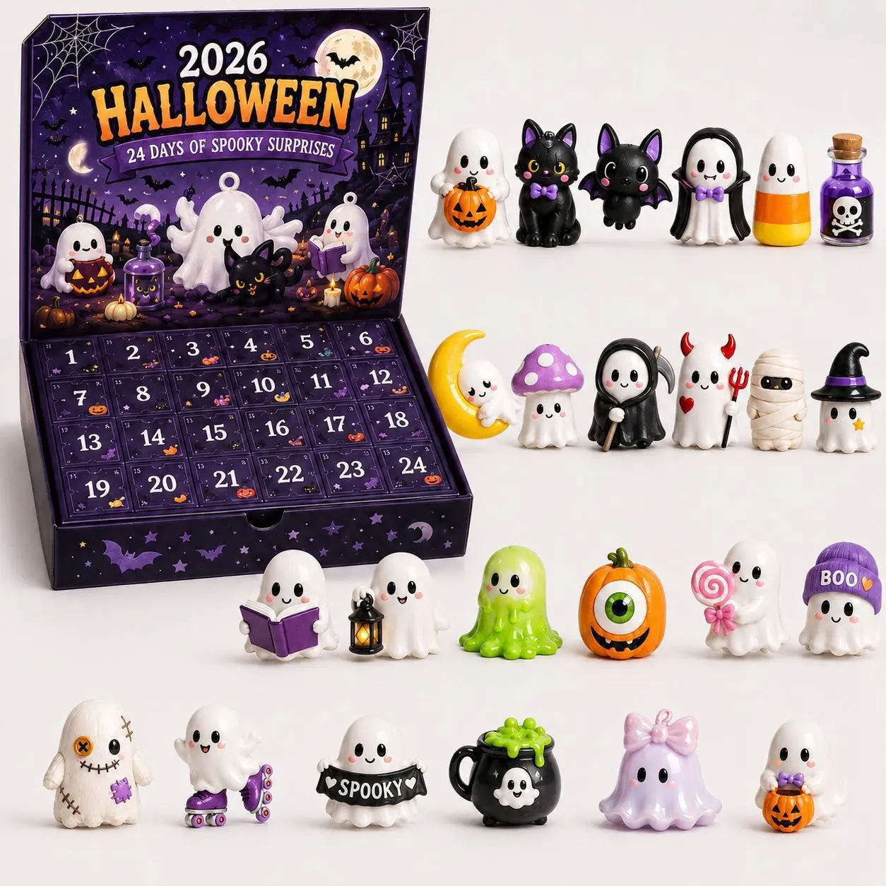 Happy Halloween Countdown Advent Calendar, 24 Unique Horror Character Mini Figures Blind Box, Halloween Mystery Box, Spooky Surprise Toy Gift for Halloween Party Decor, Spooky Halloween Collectible Toys Surprise Gift for Kids & Adults