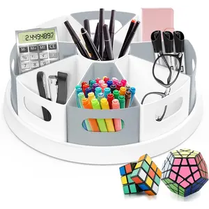 360 Rotating Storage Organizer Desk Organizers Pen Holder– 12” Lazy Susan Style Caddy with Removable Bins, for Home Office Supplies, Art Supplies, Make-up & Kitchen Use, with Card & Gift BoxGift